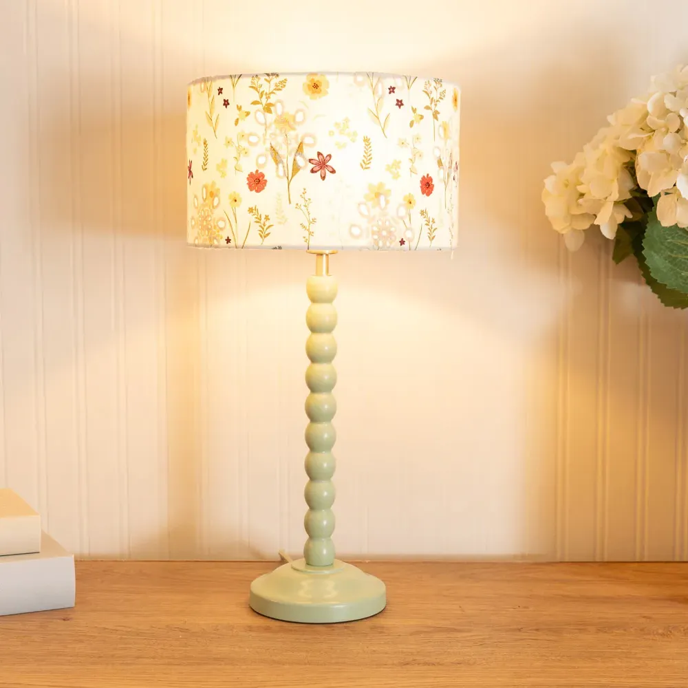 Bobbins Floral Embroidered Drum Shade Table Lamp - Green