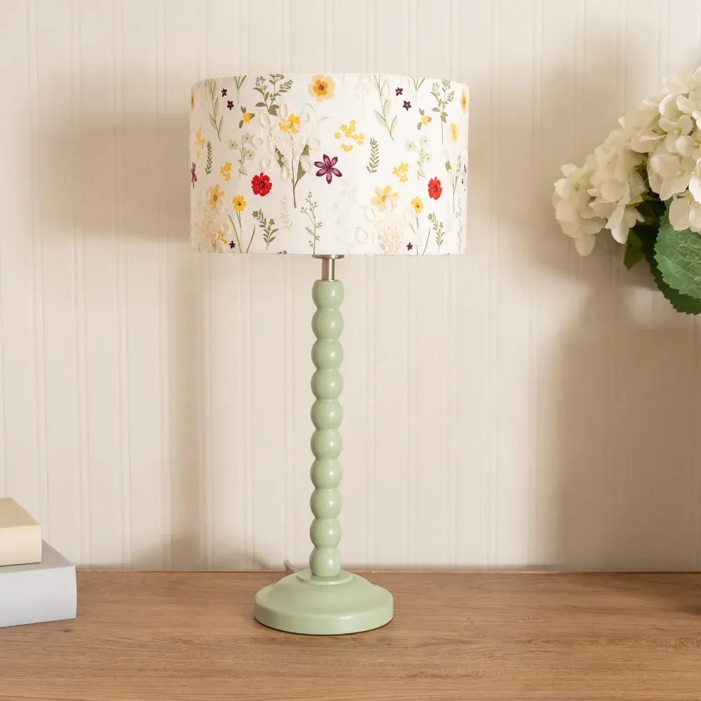 Bobbins Floral Embroidered Drum Shade Table Lamp - Green