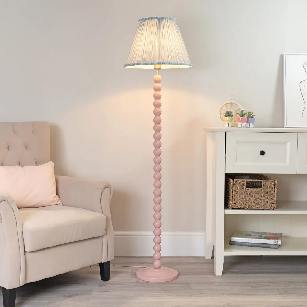 Bobbins LED Floor Lamp with Blue Stripe Shade - Pink