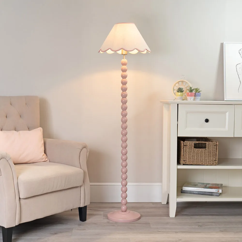 Bobbins LED Floor Lamp with Scallop Shade - Rose Pink, Linen