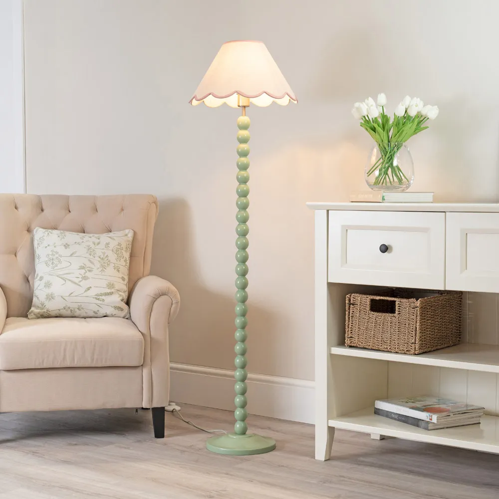 Bobbins LED Floor Lamp with Scallop Shade - Sage Green, Linen