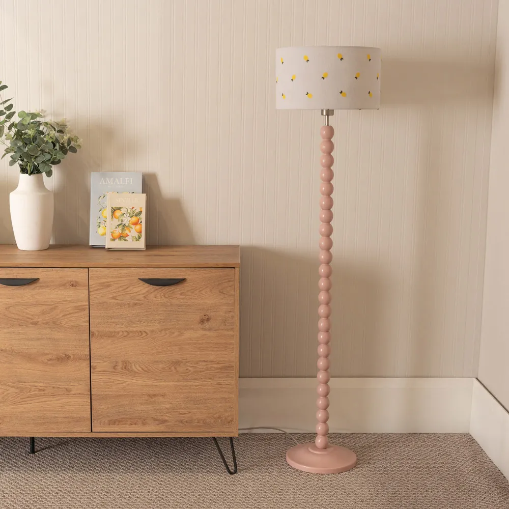 Bobbins Lemon Embroidered Drum Shade Floor Lamp - Pink