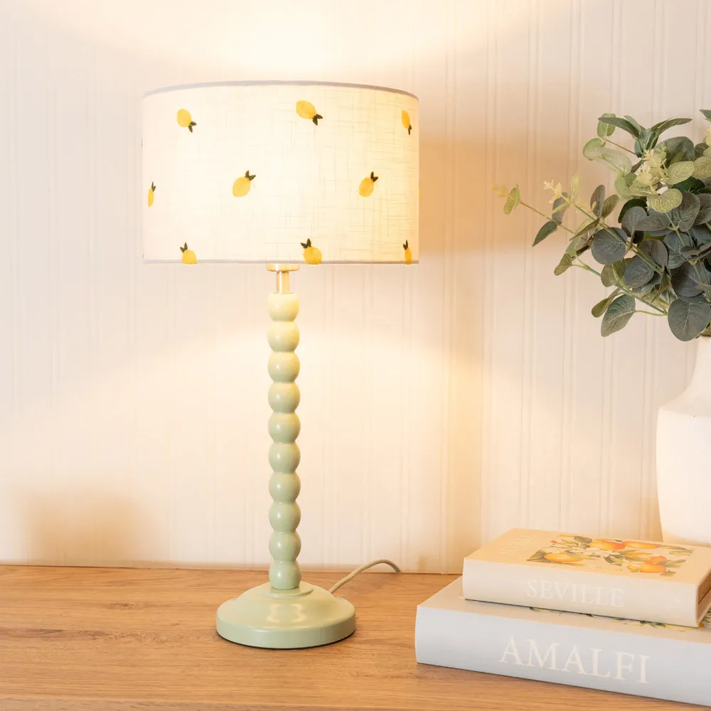 Bobbins Lemon Embroidered Drum Shade Table Lamp - Green