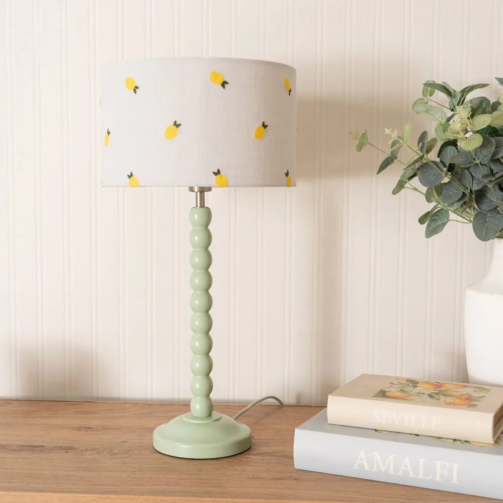 Bobbins Lemon Embroidered Drum Shade Table Lamp - Green