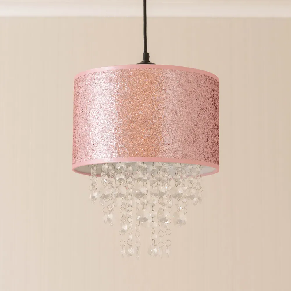 Bonita Drum Pendant Light Shade with Jewel Droplets - Pink