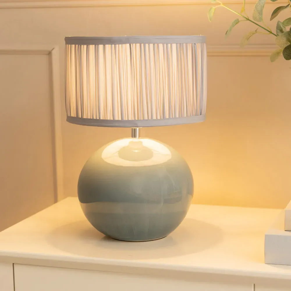 Bosco Ruched Pleated Drum Shade LED Table Lamp - Blue, Ceramic
