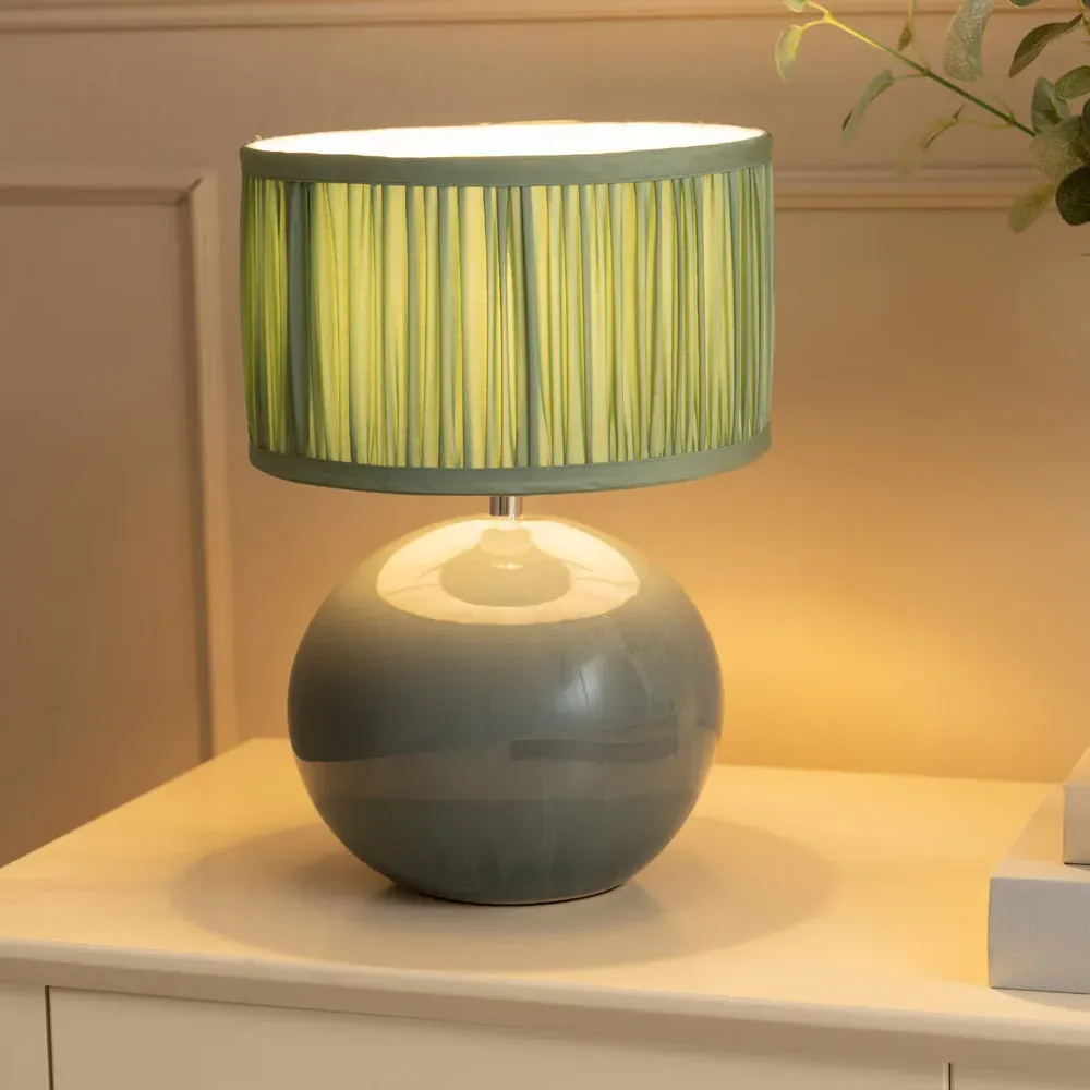 Bosco Ruched Pleated Drum Shade LED Table Lamp - Green, Ceramic