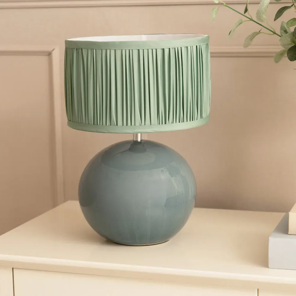 Bosco Ruched Pleated Drum Shade LED Table Lamp - Green, Ceramic