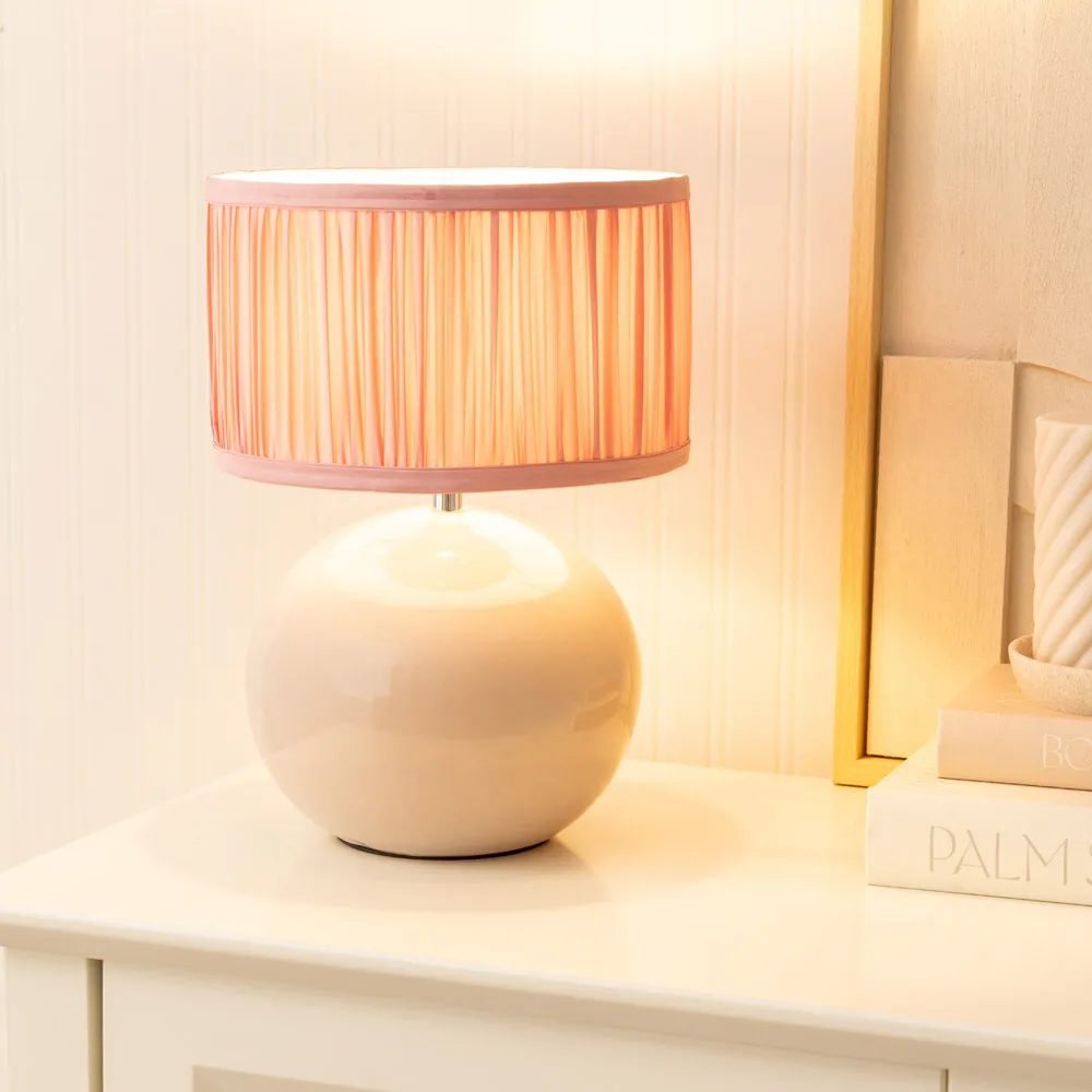 Bosco Ruched Pleated Drum Shade LED Table Lamp - Pink, Ceramic