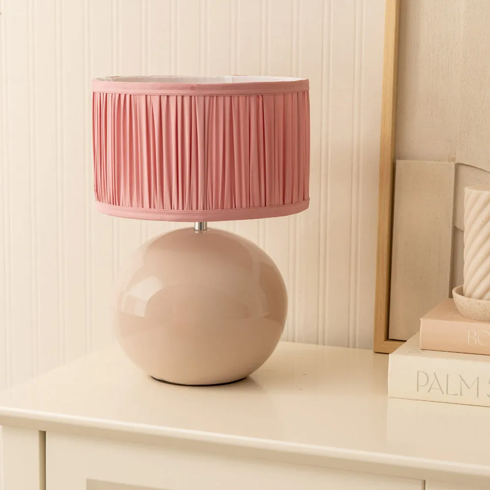 Bosco Ruched Pleated Drum Shade LED Table Lamp - Pink, Ceramic