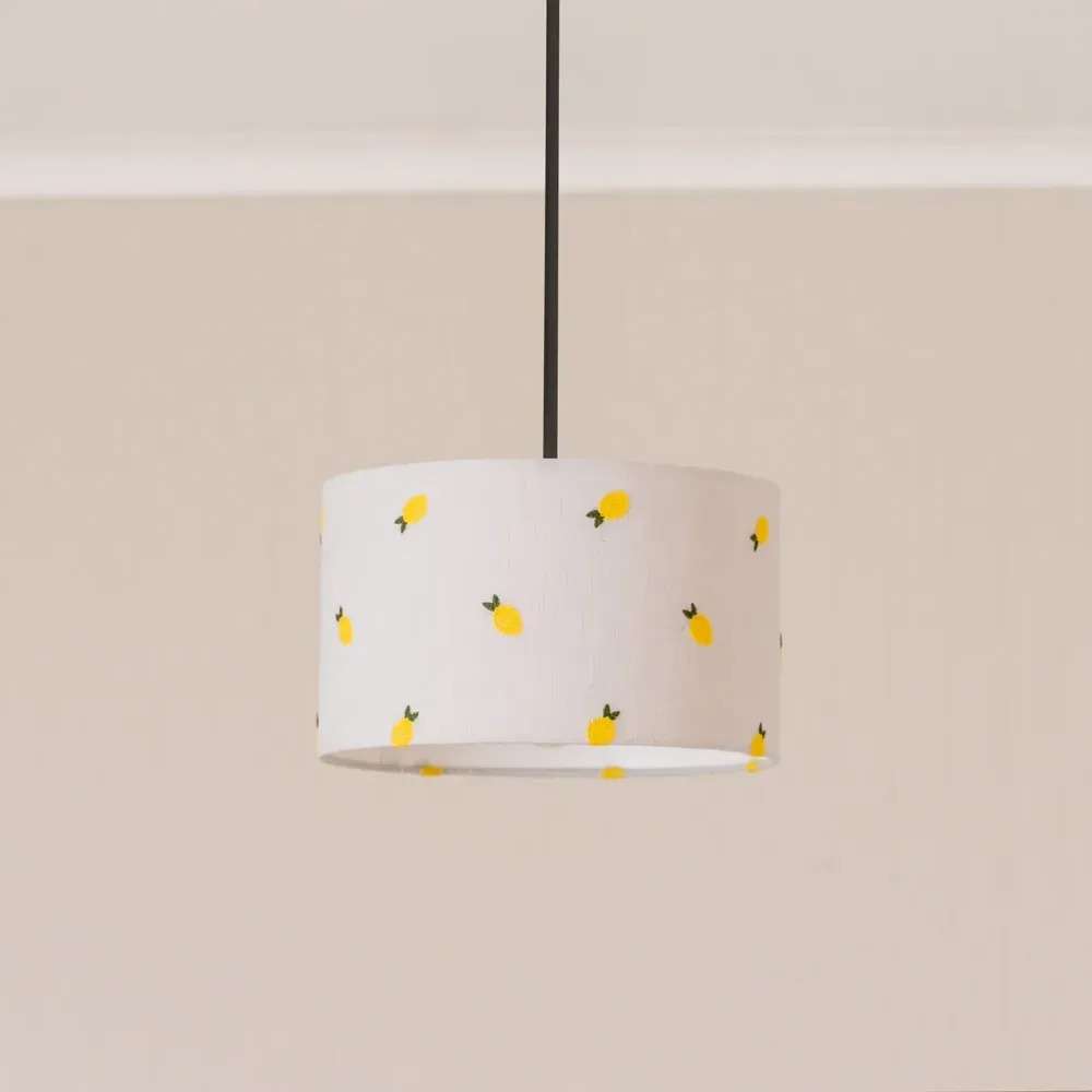 Brae Small Drum Lamp Shade with Lemon Embroidery - Cream