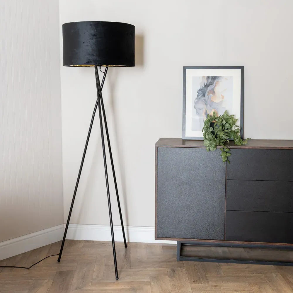 Camden Tripod Floor Lamp with Bulb - Black, Velvet