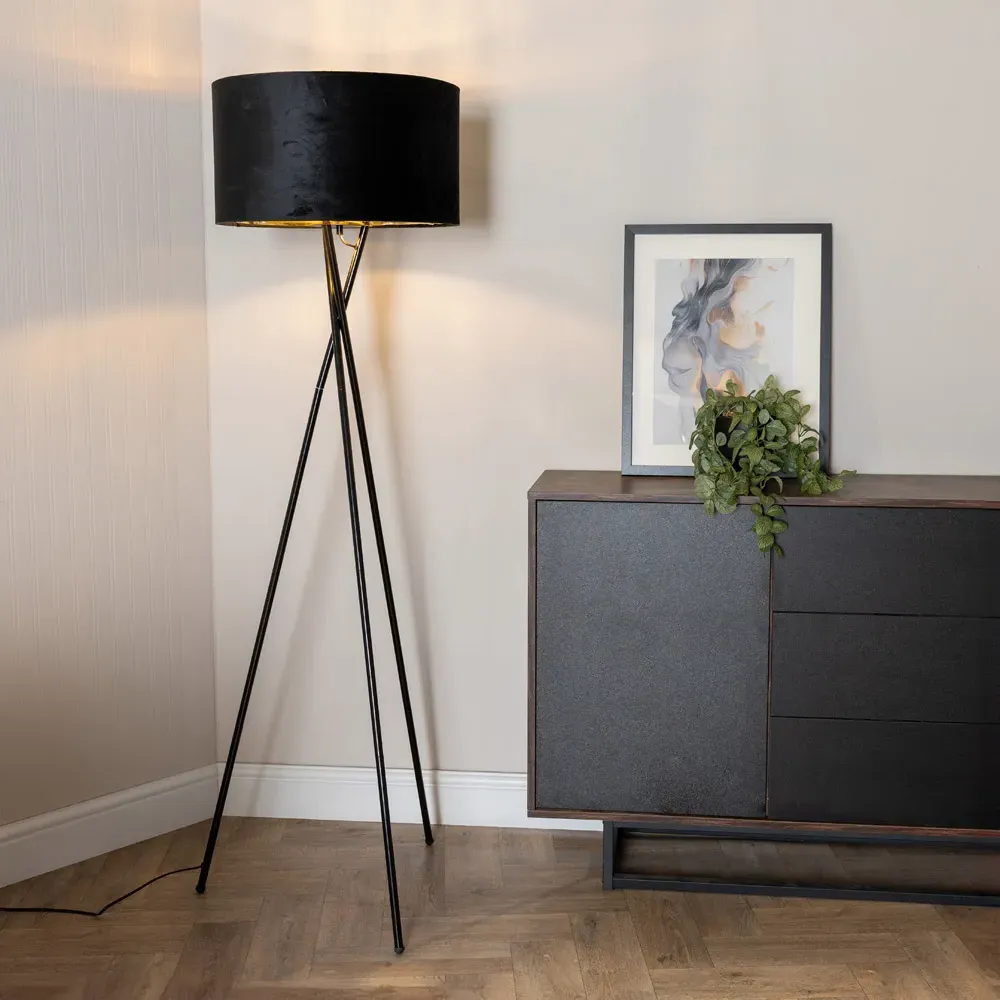 Camden Tripod Floor Lamp with Bulb - Black, Velvet