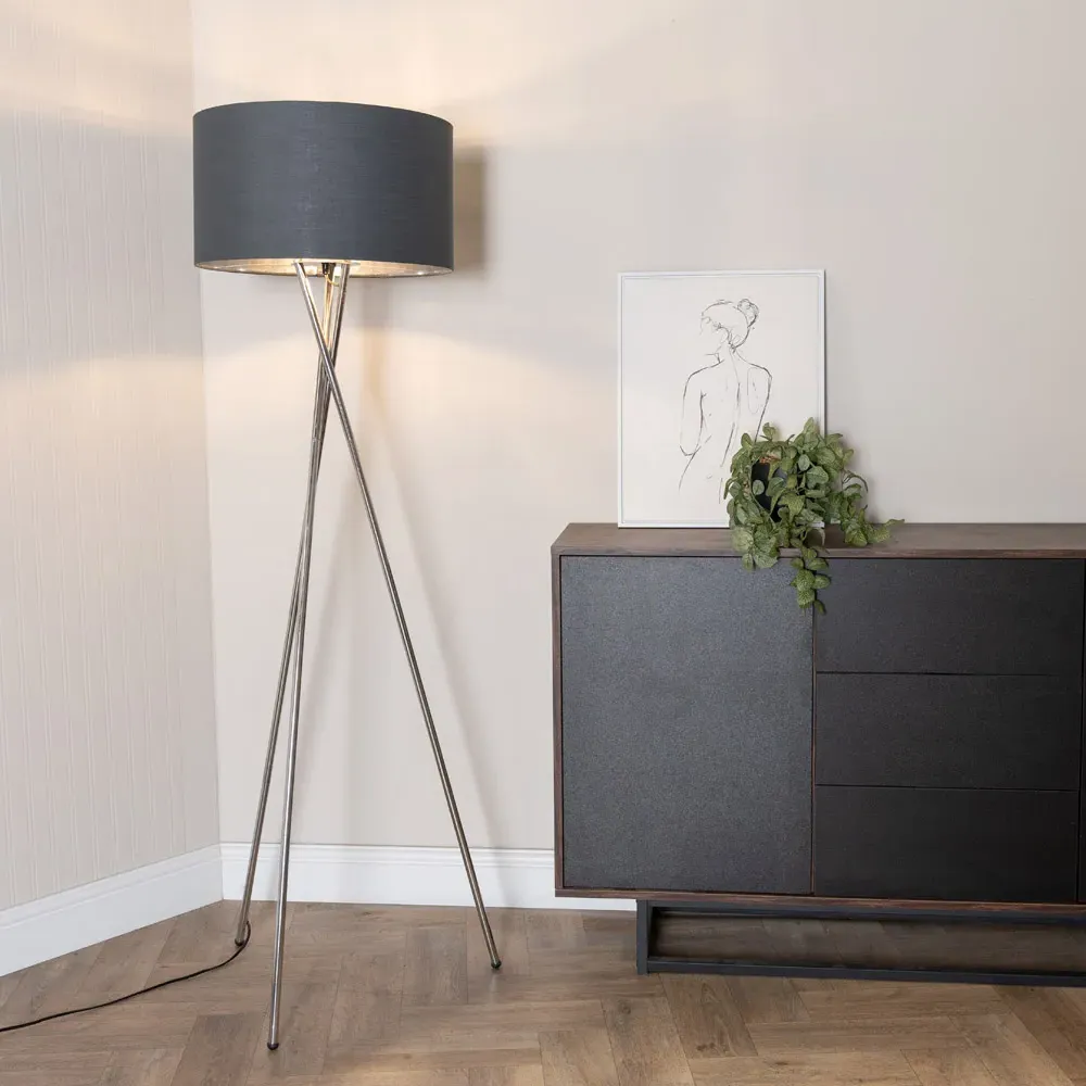 Camden Tripod Floor Lamp with Foot Switch - Charcoal, Chrome