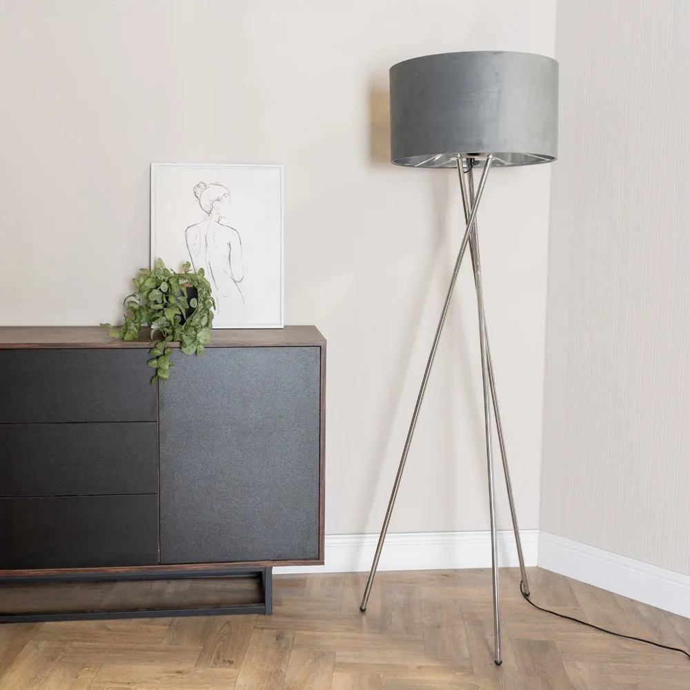 Camden Tripod Floor Lamp with Foot Switch - Grey, Chrome