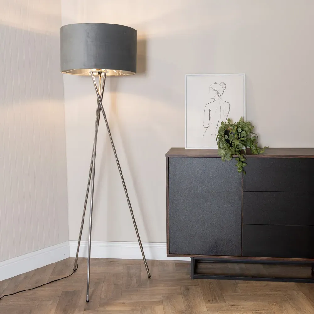 Camden Tripod Floor Lamp with Foot Switch - Grey, Chrome