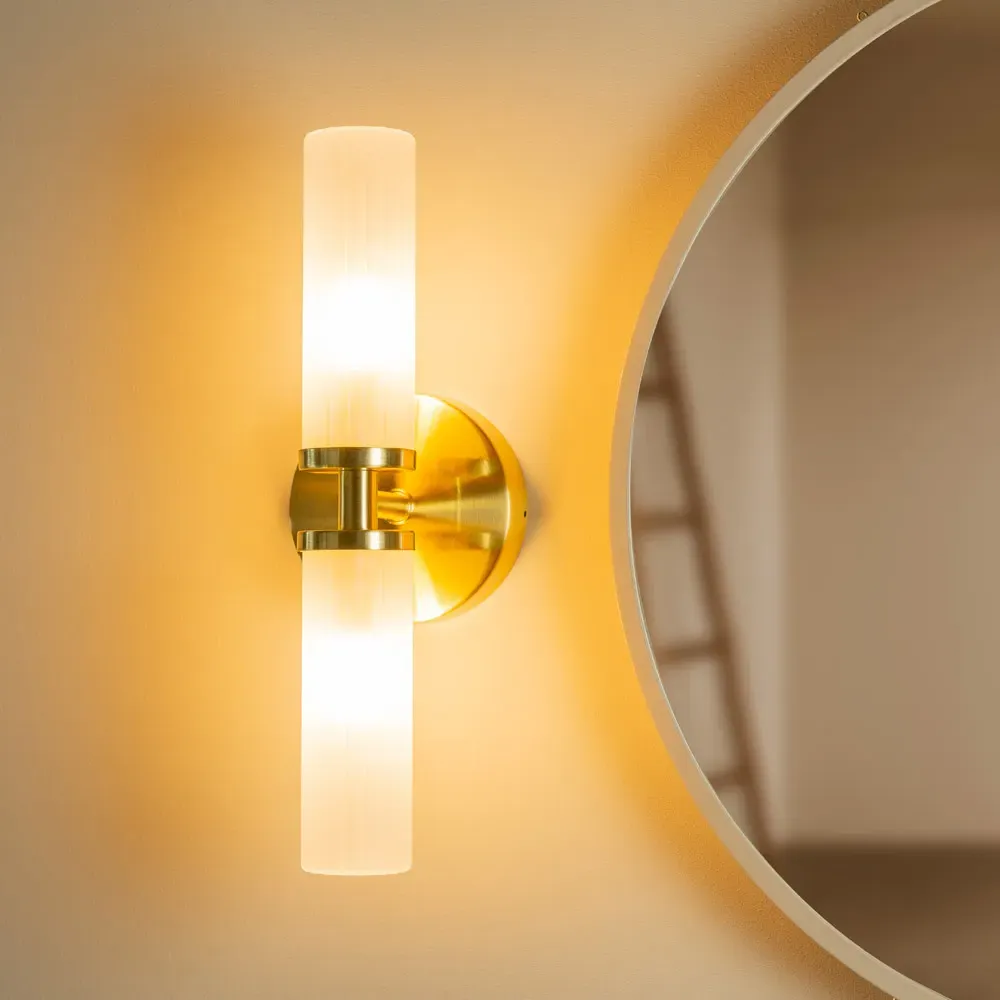 Canya 2 Way Up Down LED Wall Light 2 Pack - Gold, Reeded Glass