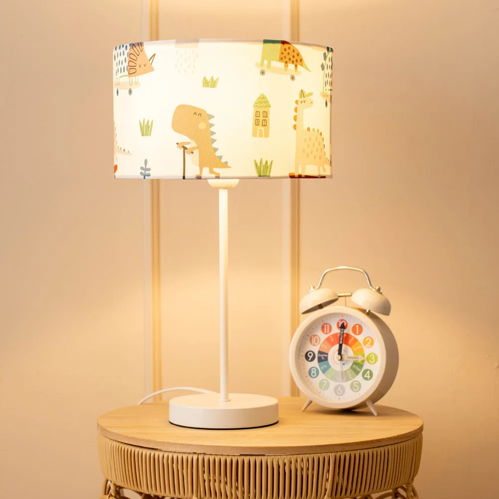 Charlie Cartoon Dino Print Table Lamp with Bulb - White