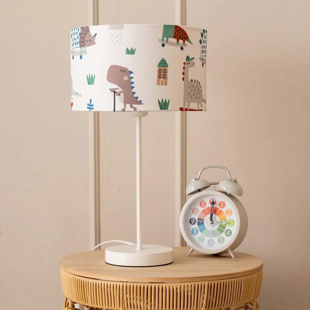 Charlie Cartoon Dino Print Table Lamp with Bulb - White