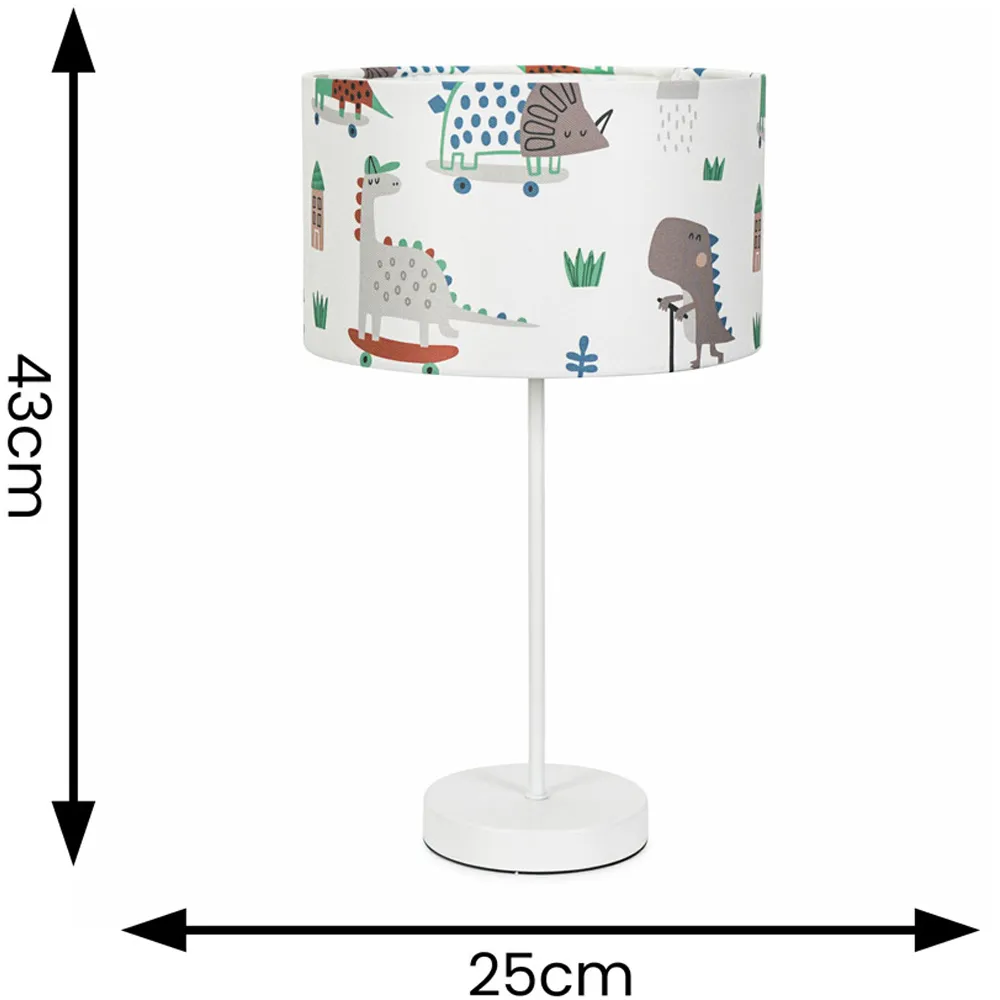Charlie Cartoon Dino Print Table Lamp with Bulb - White
