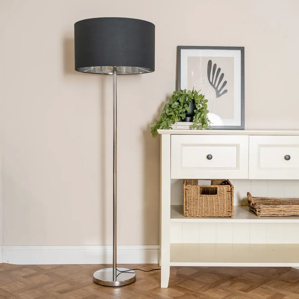 Charlie Floor Lamp with Drum Shade - Black, Chrome