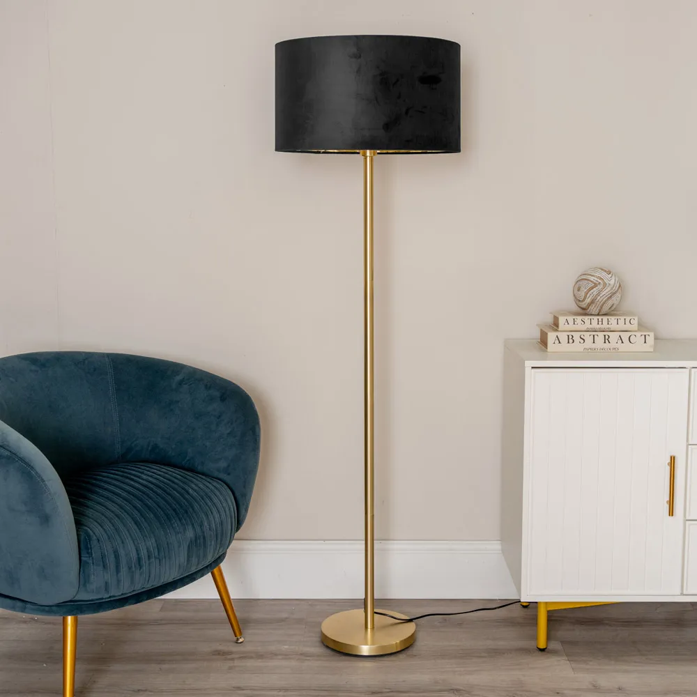 Charlie Floor Lamp with Drum Shade - Black, Velvet