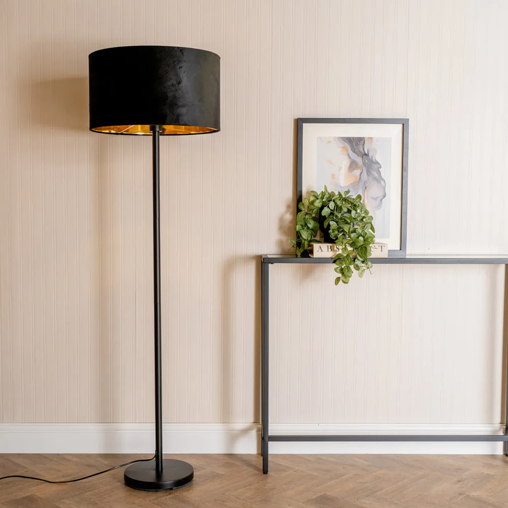 Charlie Floor Lamp with Drum Shade - Black, Velvet