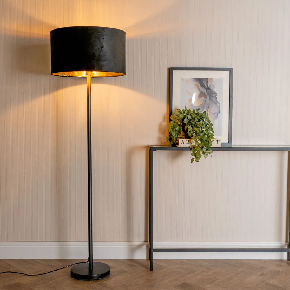 Charlie Floor Lamp with Drum Shade - Black, Velvet
