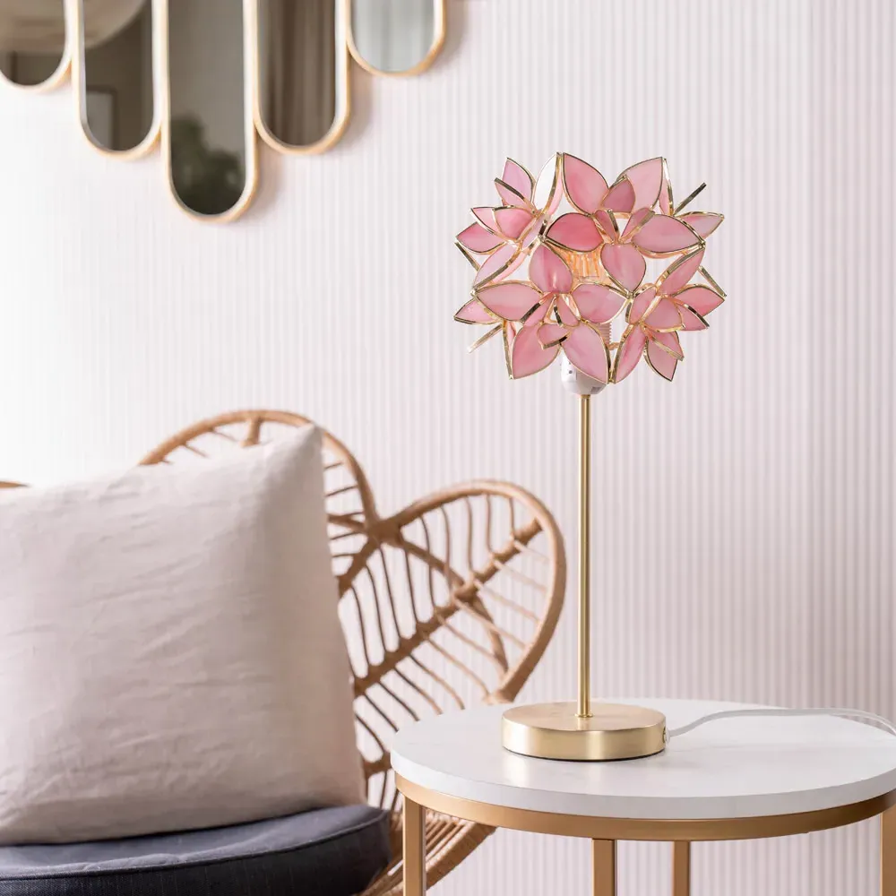 Charlie Pink Flower Shade Table Lamp and Bulb - Gold