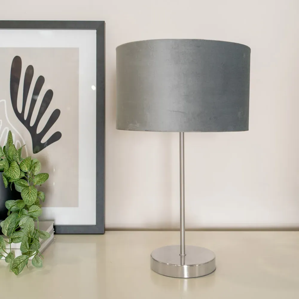 Charlie Table Lamp with Drum Shade - Silver, Velvet