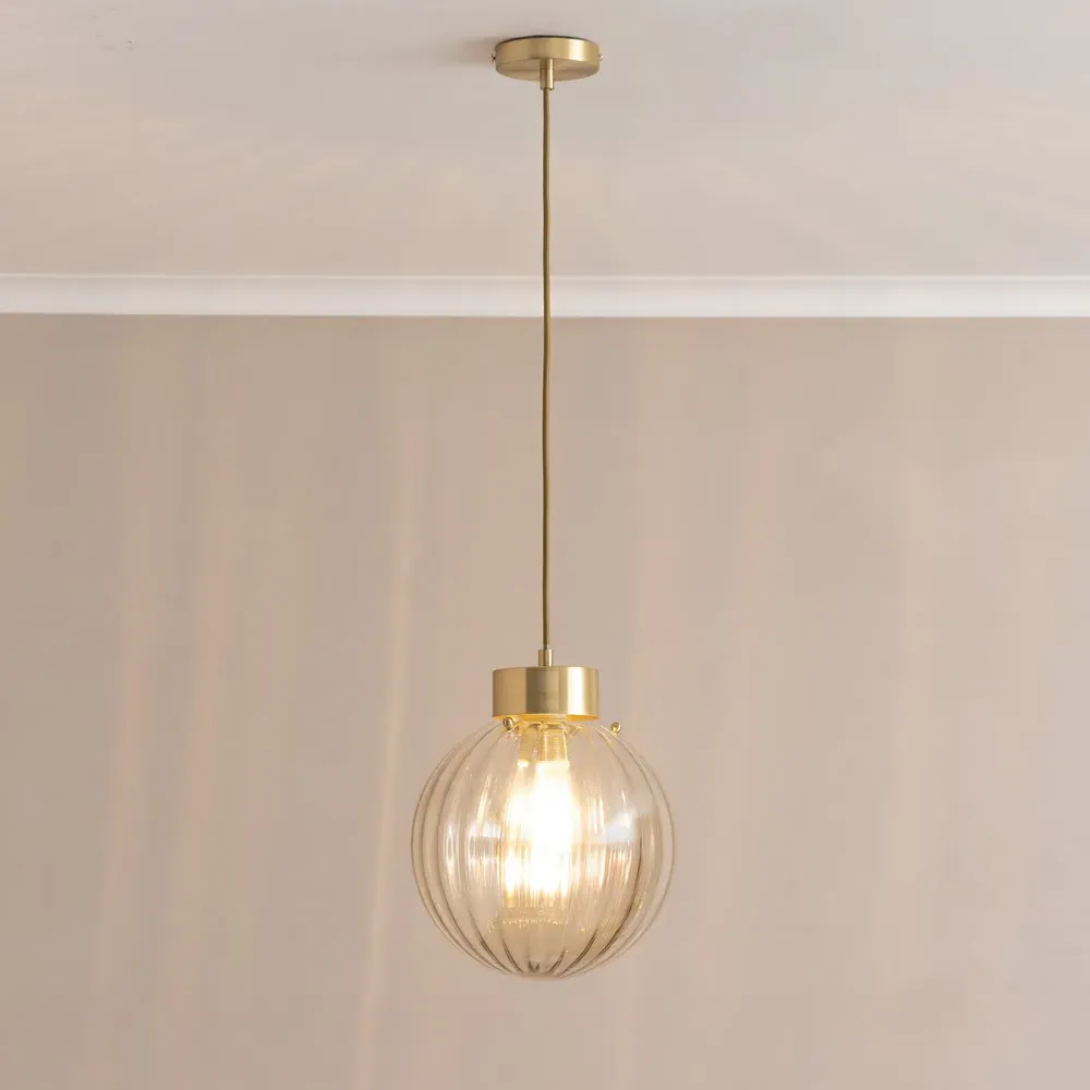 Chessy Ribbed Glass Globe Capped LED Pendant Light - Gold