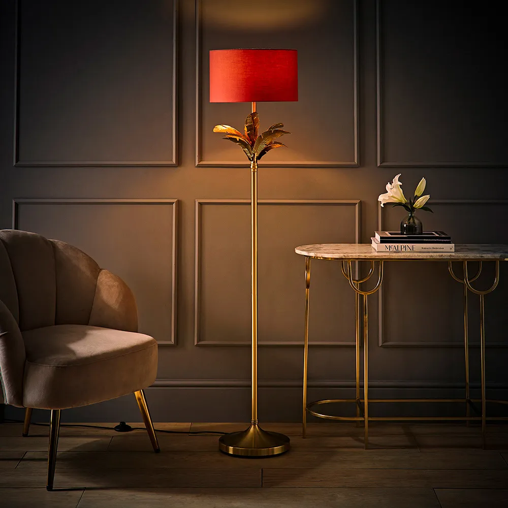 Christina Palm Leaf Floor Lamp with Bulb - Rust Red, Gold