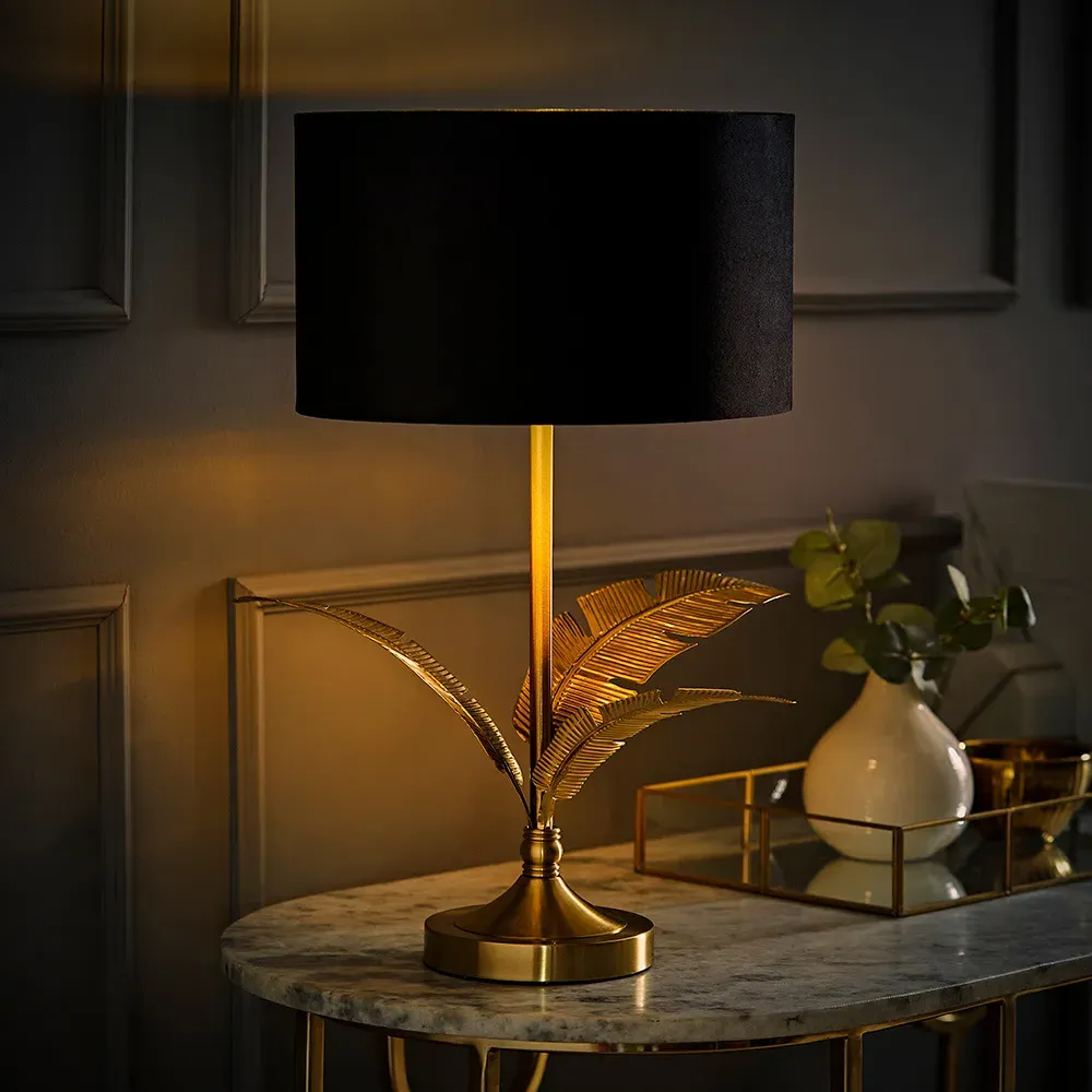 Christina Palm Leaf Table Lamp - Black, Velvet