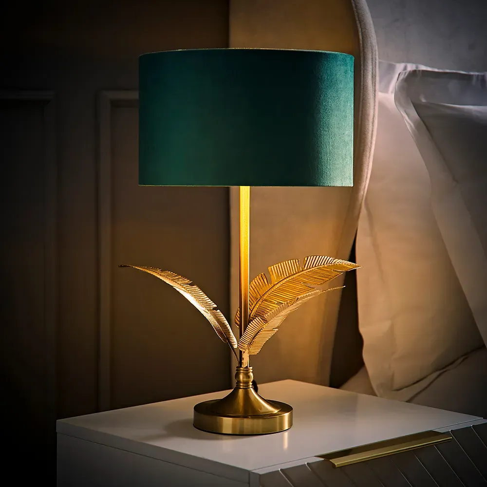 Christina Palm Leaf Table Lamp - Green, Velvet