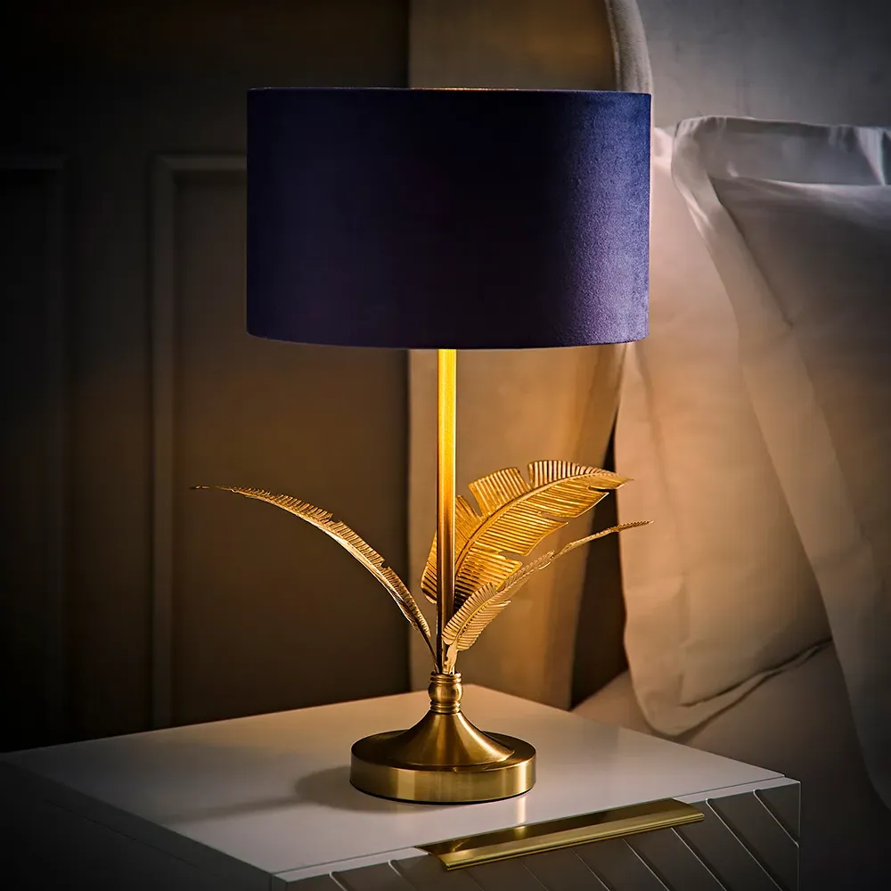 Christina Palm Leaf Table Lamp - Navy, Velvet