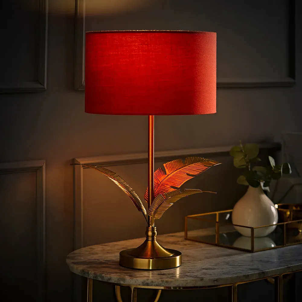 Christina Palm Leaf Table Lamp with Bulb - Rust Red, Gold