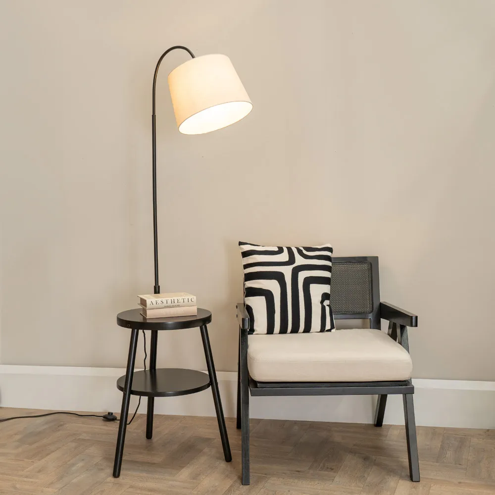 Crowther Single Shelf Floor Lamp with Table - Black, Dark Wood