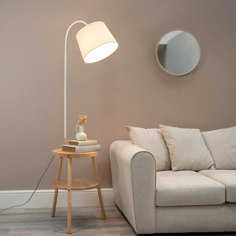 Crowther Single Shelf Floor Lamp with Table - Cream, Light Wood