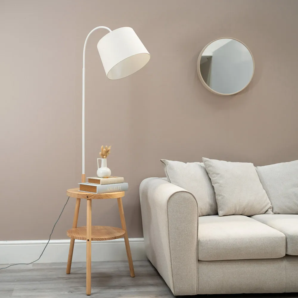 Crowther Single Shelf Floor Lamp with Table - Cream, Light Wood