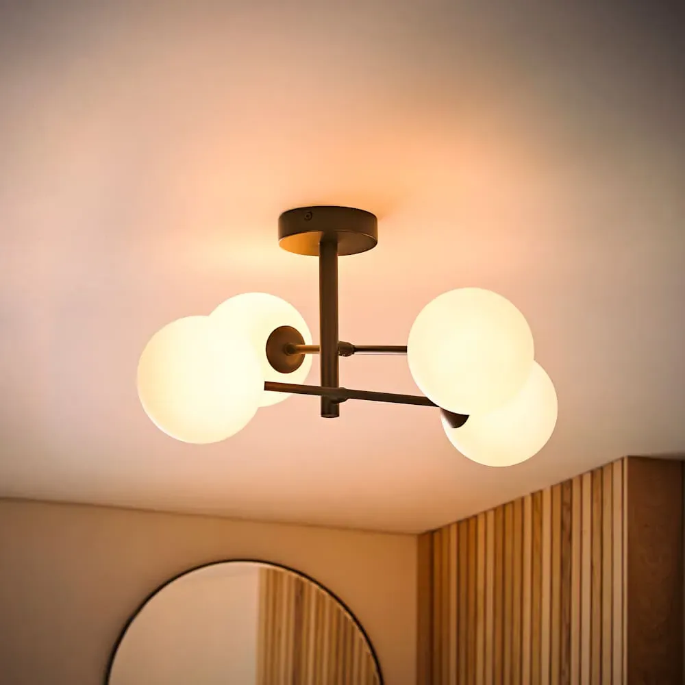 Darla 4 Way Ceiling Light with Bulbs - Black, Frosted Glass