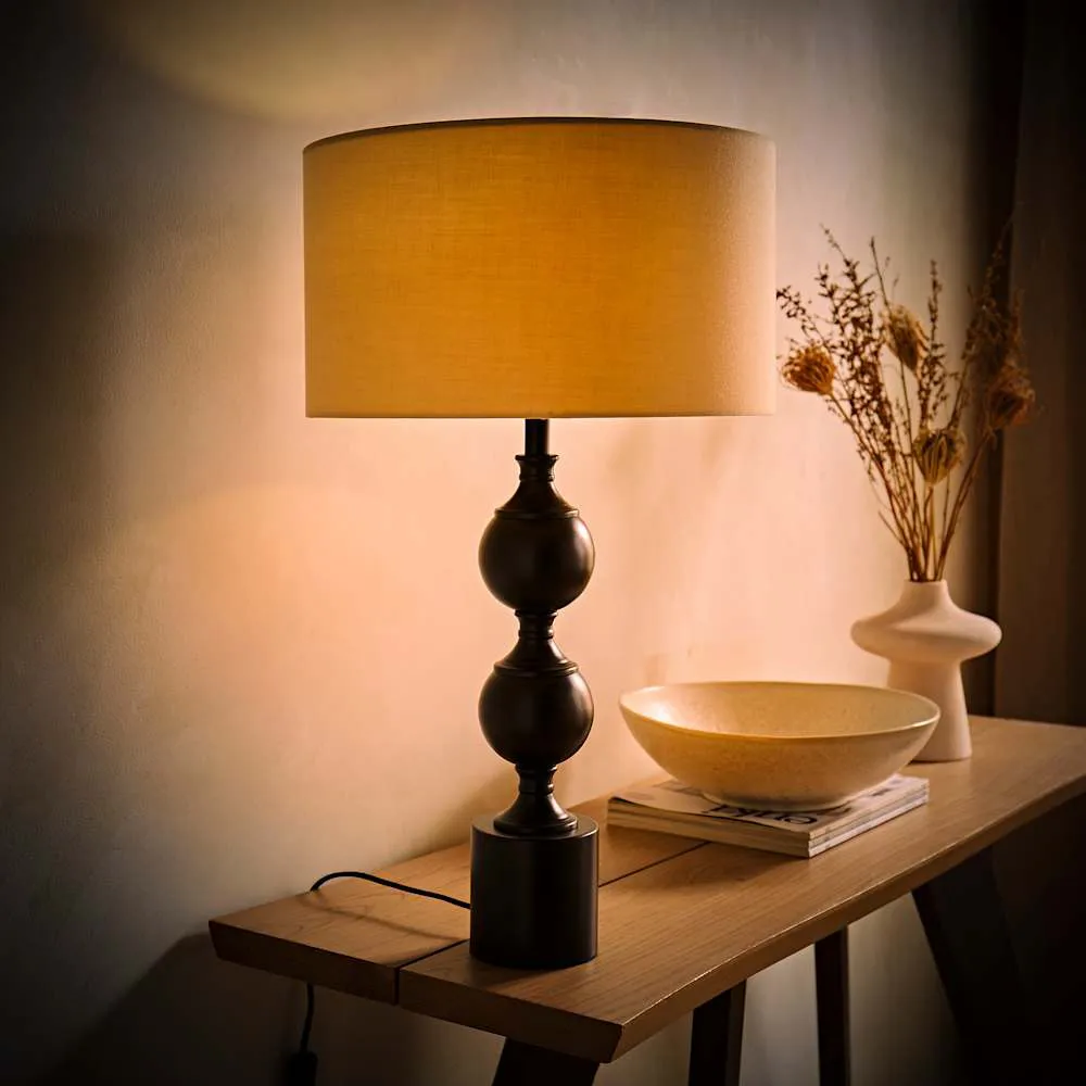 Declan Candlestick Table Lamp with Drum Shade - Natural, Metal