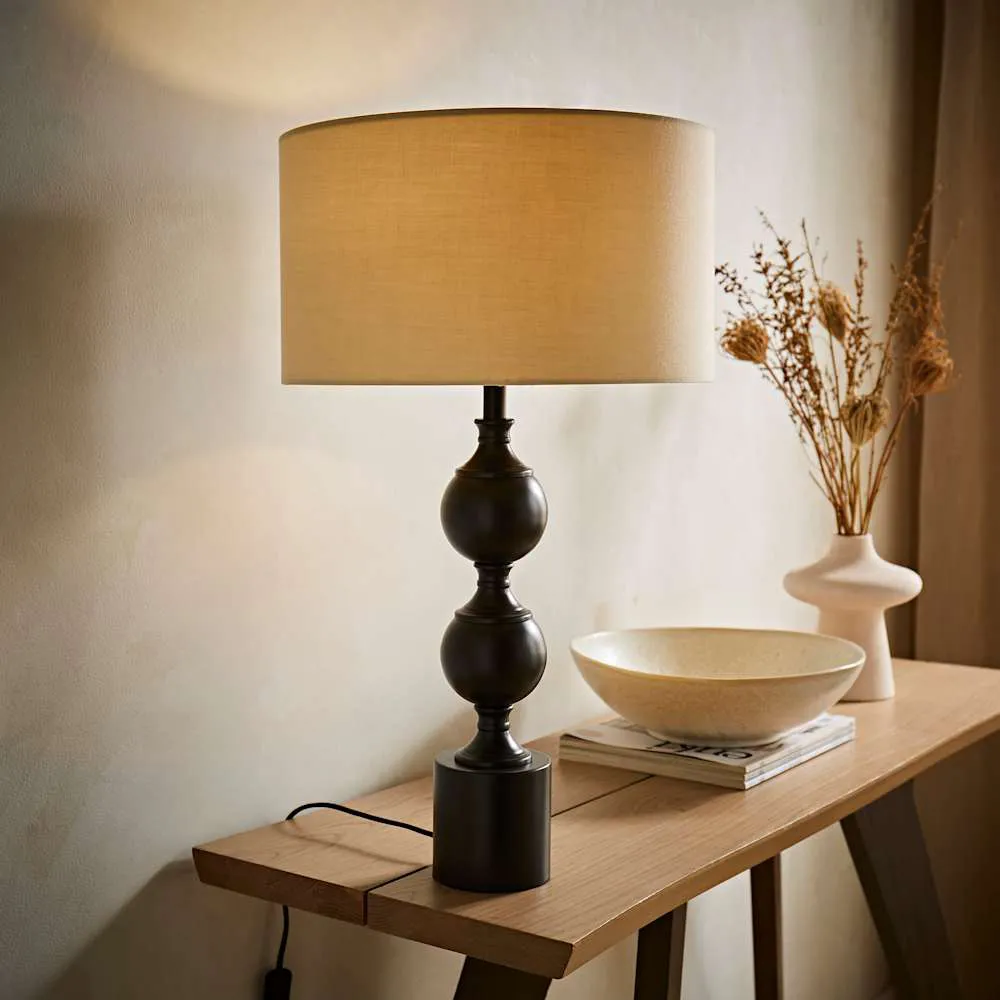 Declan Candlestick Table Lamp with Drum Shade - Natural, Metal