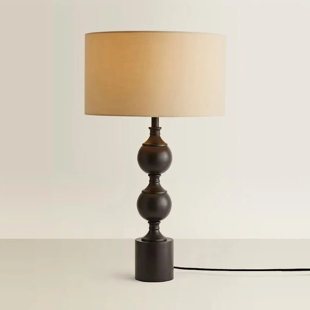 Declan Candlestick Table Lamp with Drum Shade - Natural, Metal