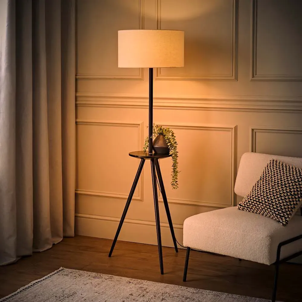 Desmond Tripod Floor Lamp with Side Table - Black Wood, Cream