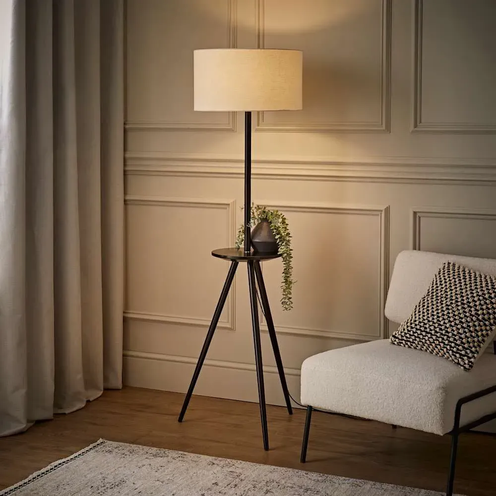 Desmond Tripod Floor Lamp with Side Table - Black Wood, Cream