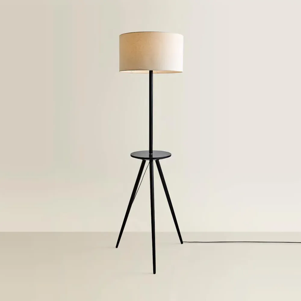 Desmond Tripod Floor Lamp with Side Table - Black Wood, Cream