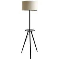 Desmond Tripod Floor Lamp with Side Table - Black Wood, Cream