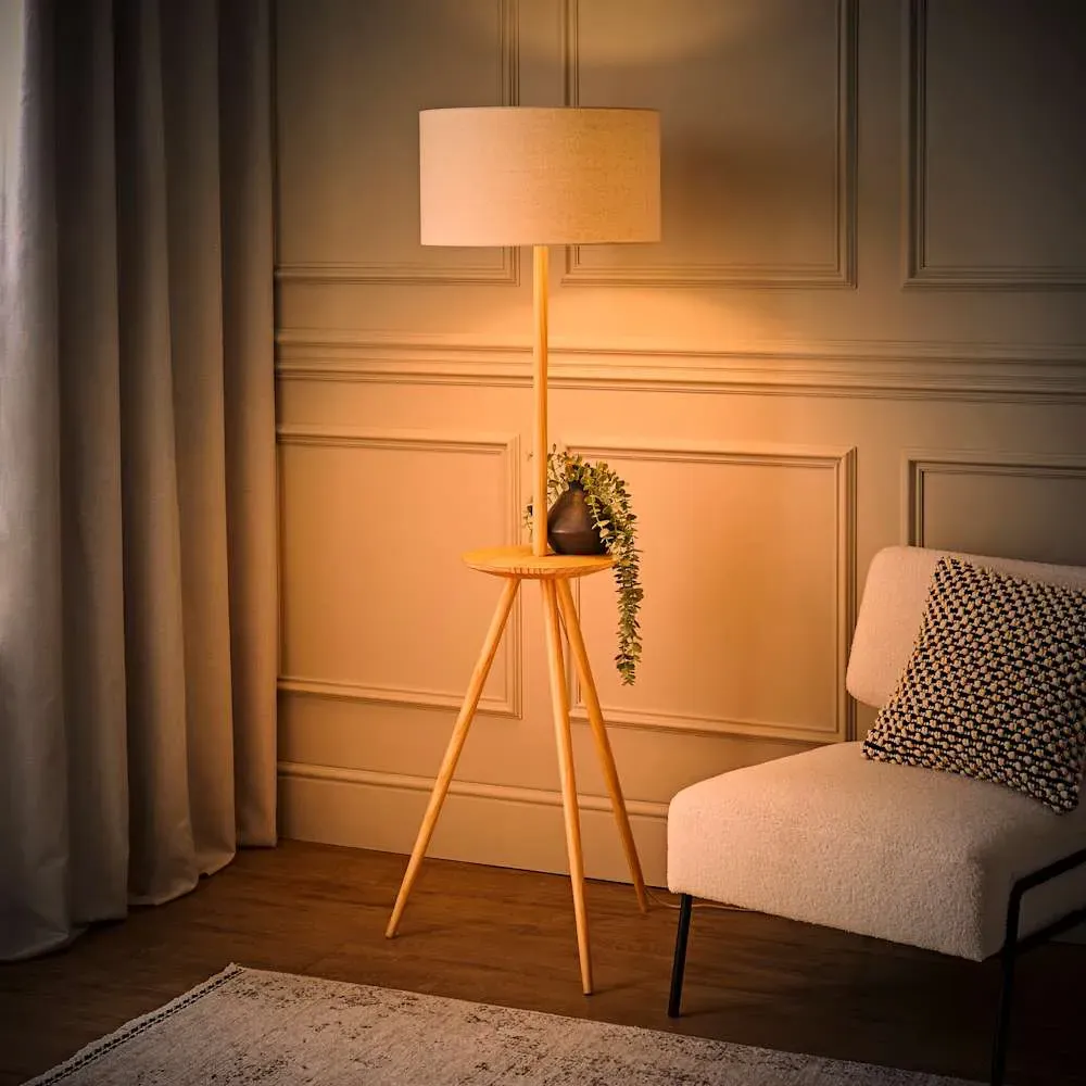 Desmond Tripod Floor Lamp with Side Table - Wood, Cream