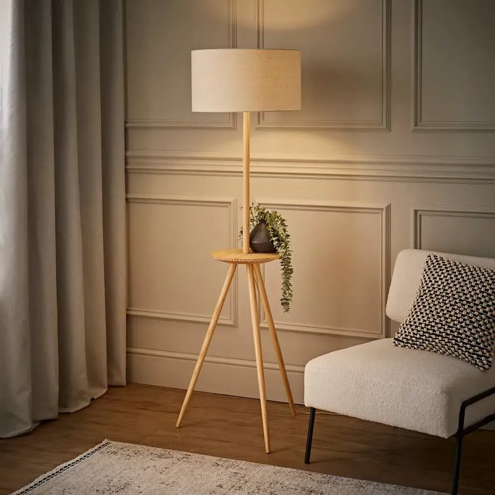 Desmond Tripod Floor Lamp with Side Table - Wood, Cream
