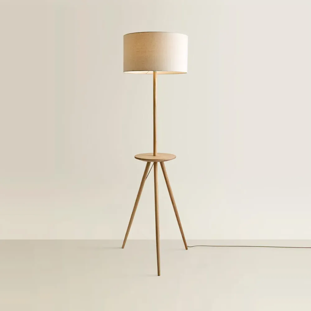Desmond Tripod Floor Lamp with Side Table - Wood, Cream